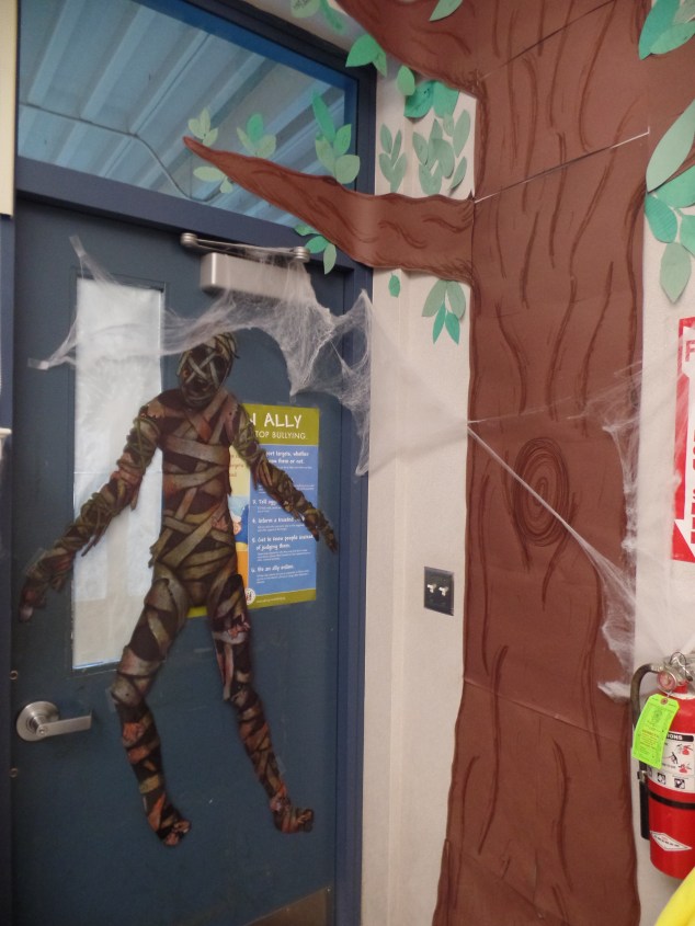 This mummy greets students as they enter the classroom!
