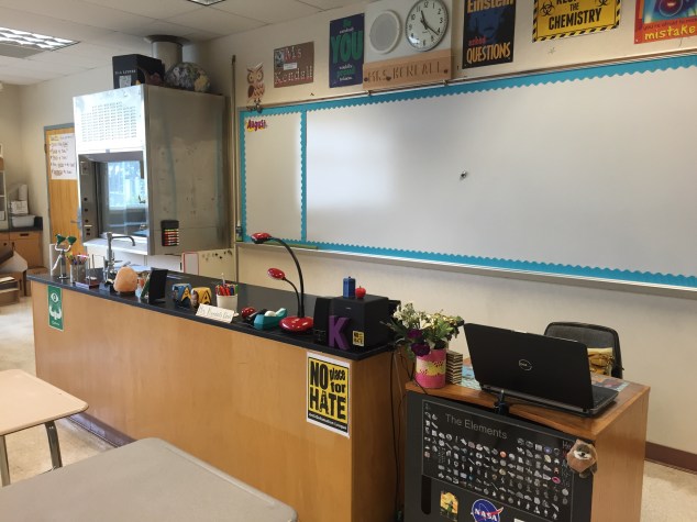 My new desk-- this time, my computer is on a smaller desk to the side rather than on my larger desk. I like it this way because it gives me more room.