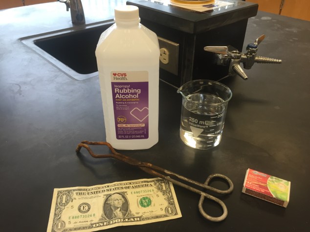 Basic supplies needed for this demo: isopropyl (rubbing alcohol), 250ml beaker, matches/lighter, tongs, dollar bill. Not shown: safety goggles and a fire extinguisher (just in case!). 
