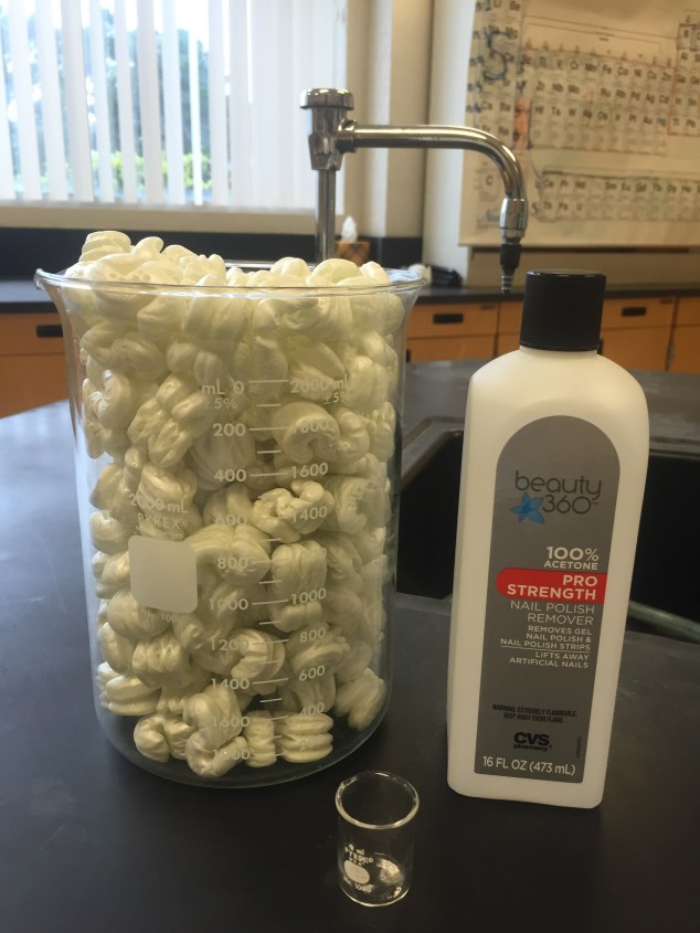 The materials needed for this lab: Packing peanuts, 100% acetone, tiny beaker (I used a 10m beaker), large beaker (I used a 2000ml beaker). 