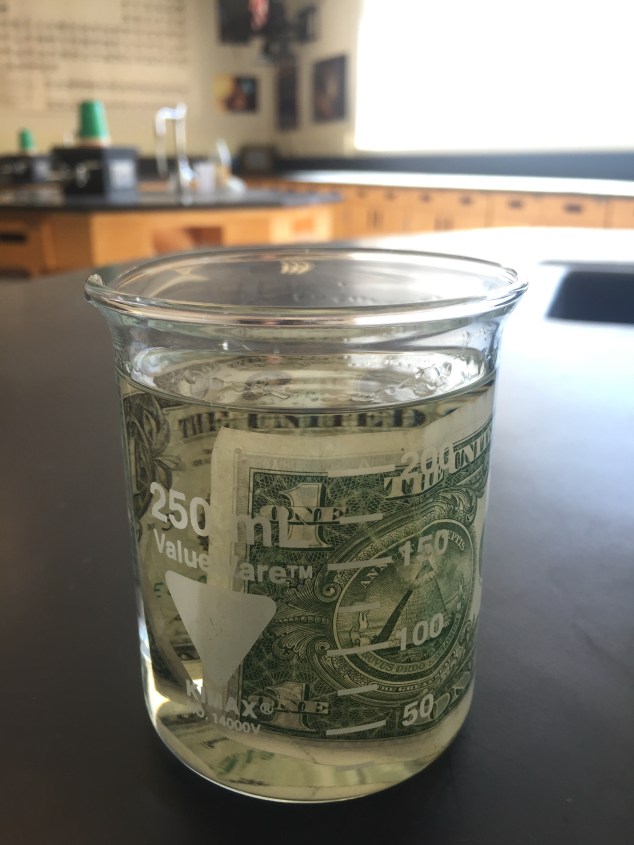 The Isopropyl should be diluted so it's 50/50 Isopropyl and water. Add a pinch of salt to help increase the boiling point of the water (this will help keep the dollar bill from burning). Place the bill in the solution and allow it to soak for a few minutes. 