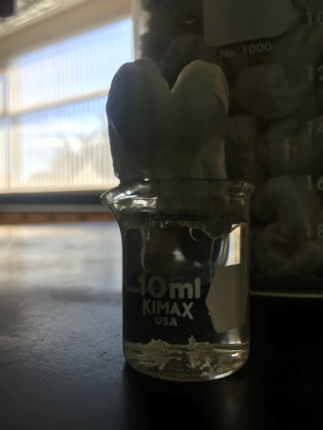 Here is the packing peanut dissolving in the acetone. It dissolves quite quickly, in about 3 seconds. 